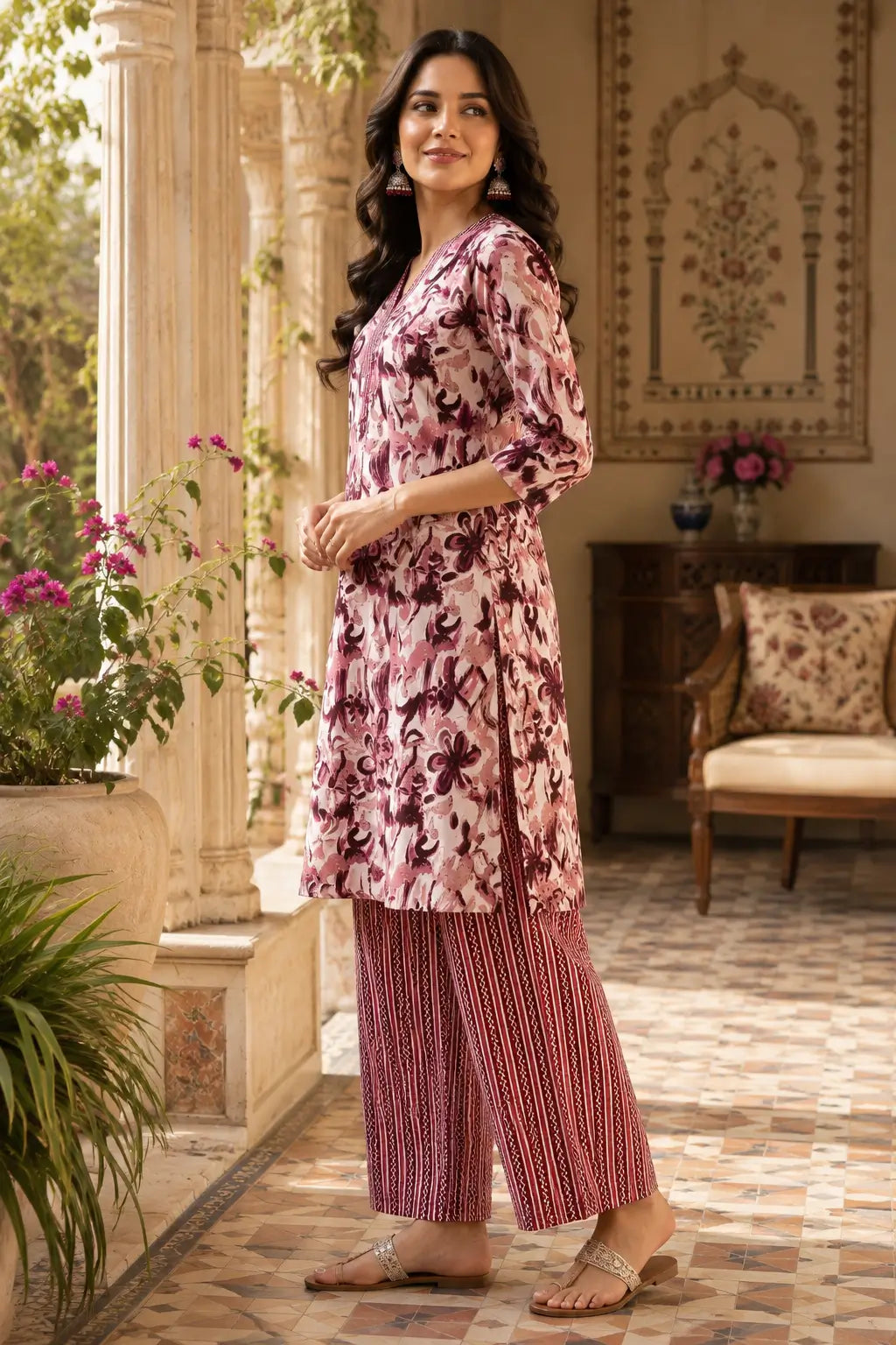 Side angle view of women pink maroon cotton printed kurta pant set with 3/4 sleeves by Rabric