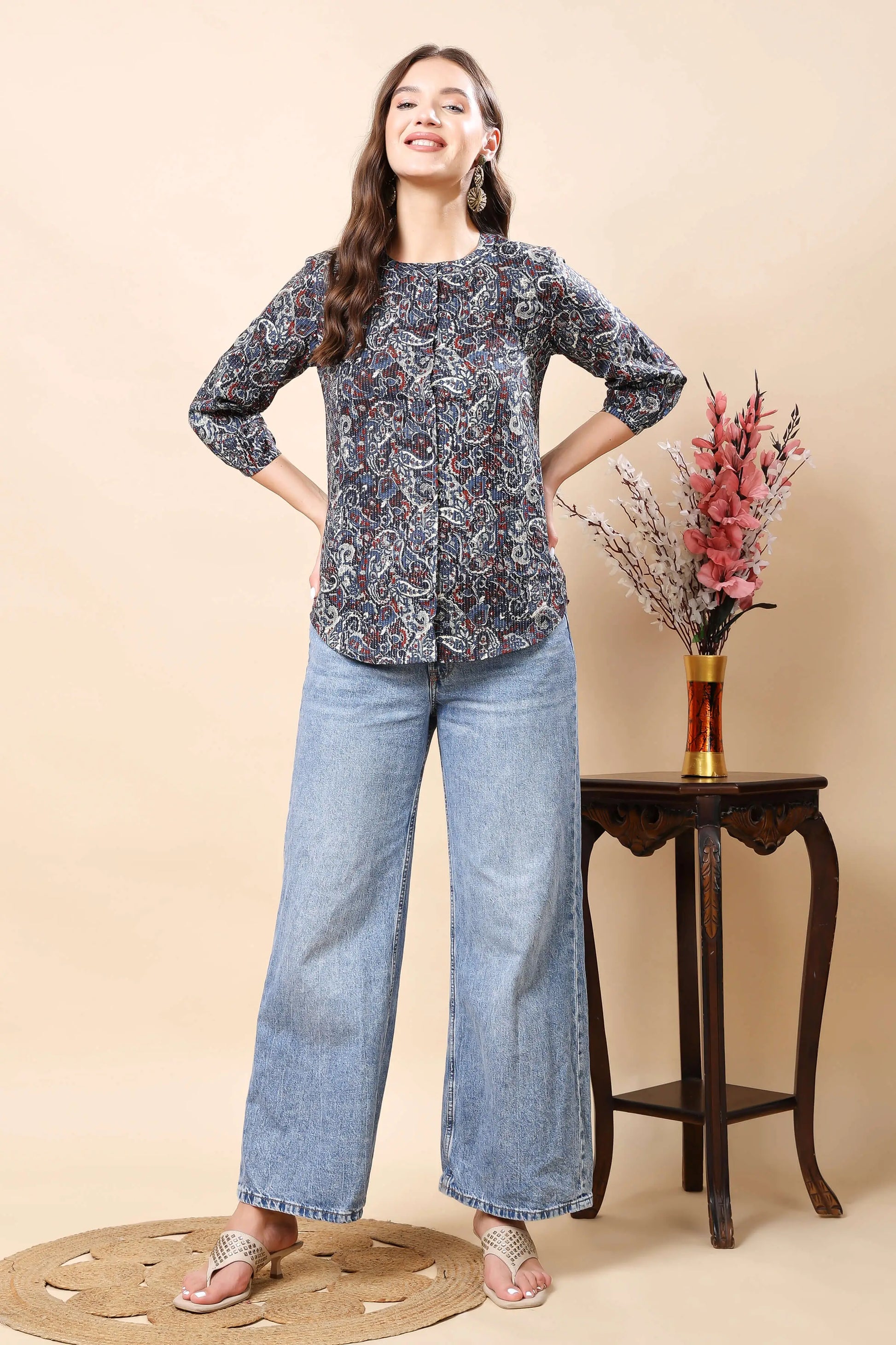 Rabric women’s premium printed short top with front buttons in navy blue and maroon