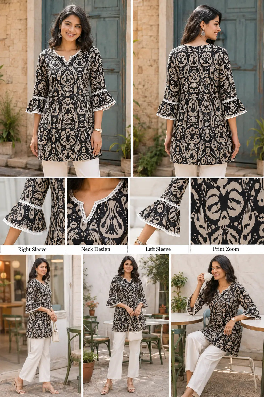 Full length lifestyle image of Rabric women printed cotton short kurti with layered bell sleeves and straight pants