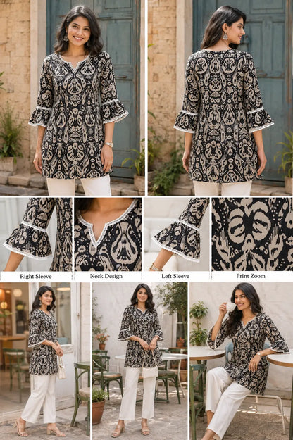 Full length lifestyle image of Rabric women printed cotton short kurti with layered bell sleeves and straight pants