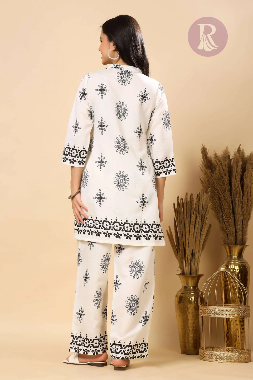Back view of women’s printed kurta pant co-ord set in Vertican Silk