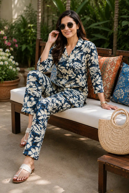 Rabric women’s floral rayon co-ord set sitting lifestyle pose with sunglasses and handbag in outdoor setting