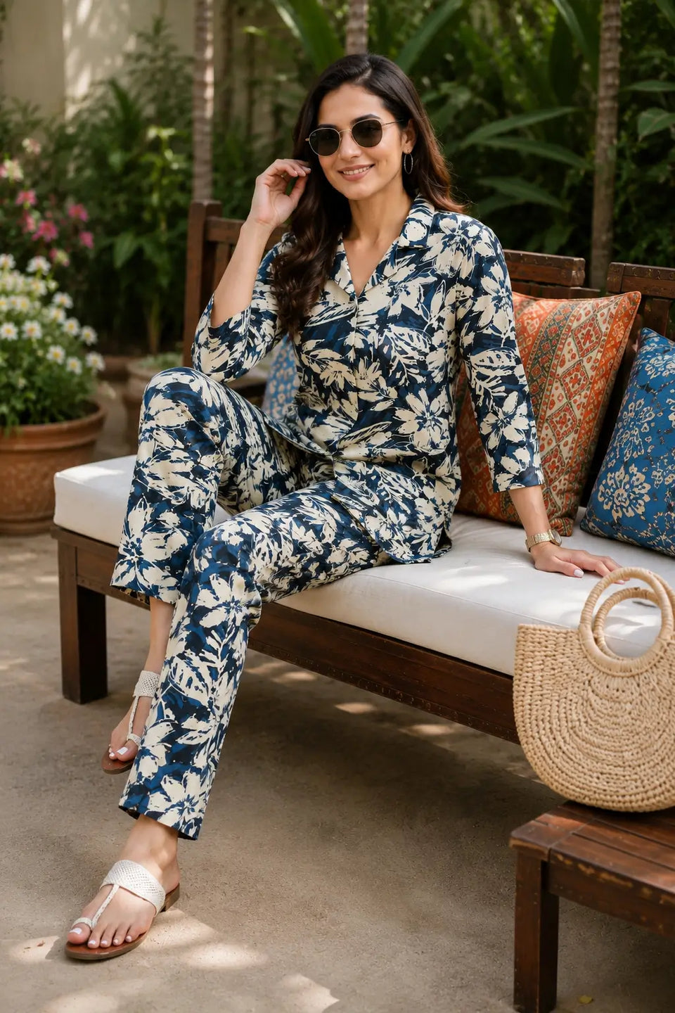 Rabric women’s floral rayon co-ord set sitting lifestyle pose with sunglasses and handbag in outdoor setting
