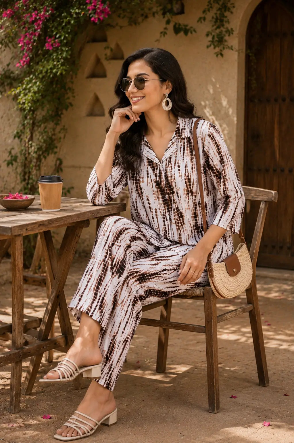 Rabric women rayon co-ord set in abstract brown white print shown in casual sitting pose with trendy accessories and summer styling