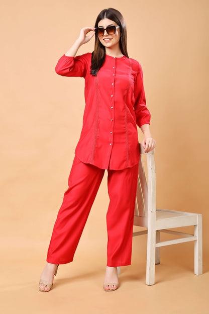 Full outfit look of Rabric women’s red co-ord set