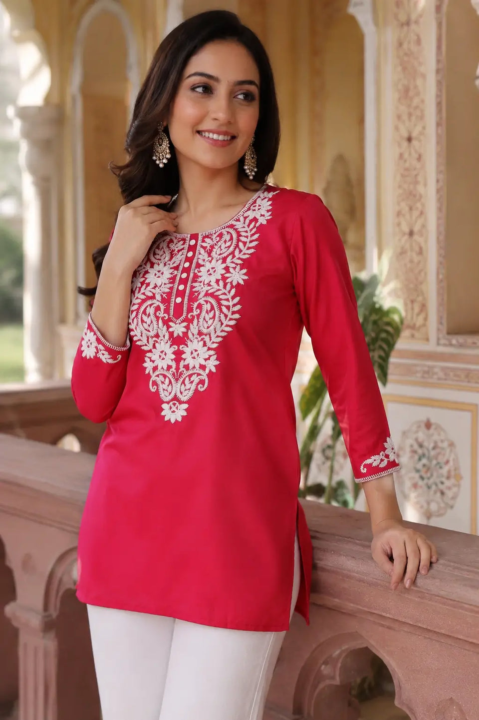 Rabric women’s red cotton embroidered short kurti front view with 3/4 sleeves and white floral neck embroidery