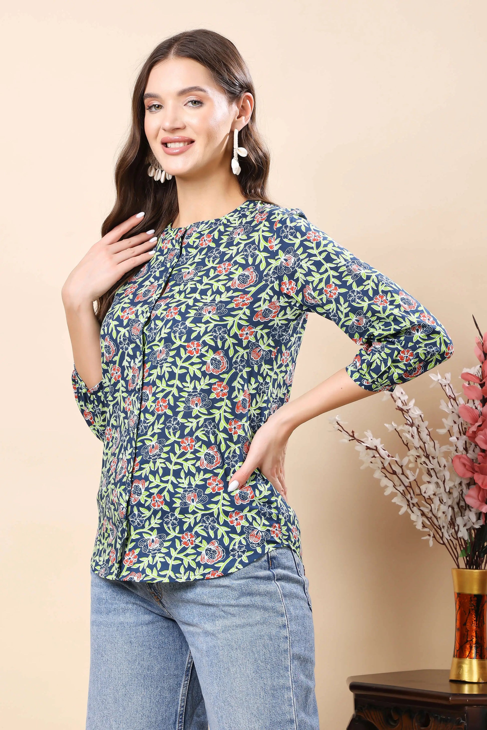 Premium women’s 3/4 sleeve floral short top by Rabric