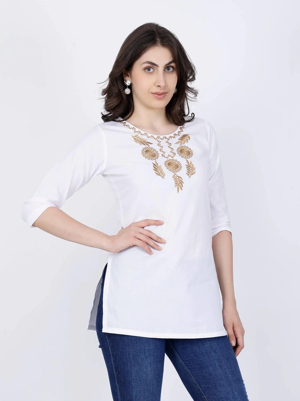 Golden Thread Embroidery Detail on Rabric Cotton Short Kurti