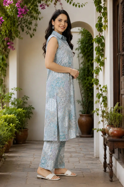 Side view of RABRIC women summer sleeveless kurta pant set in soft blue ethnic print