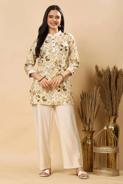 Rabric women’s Vertican Silk co-ord set in cream floral print, front view – trendy women’s co-ord set 2025