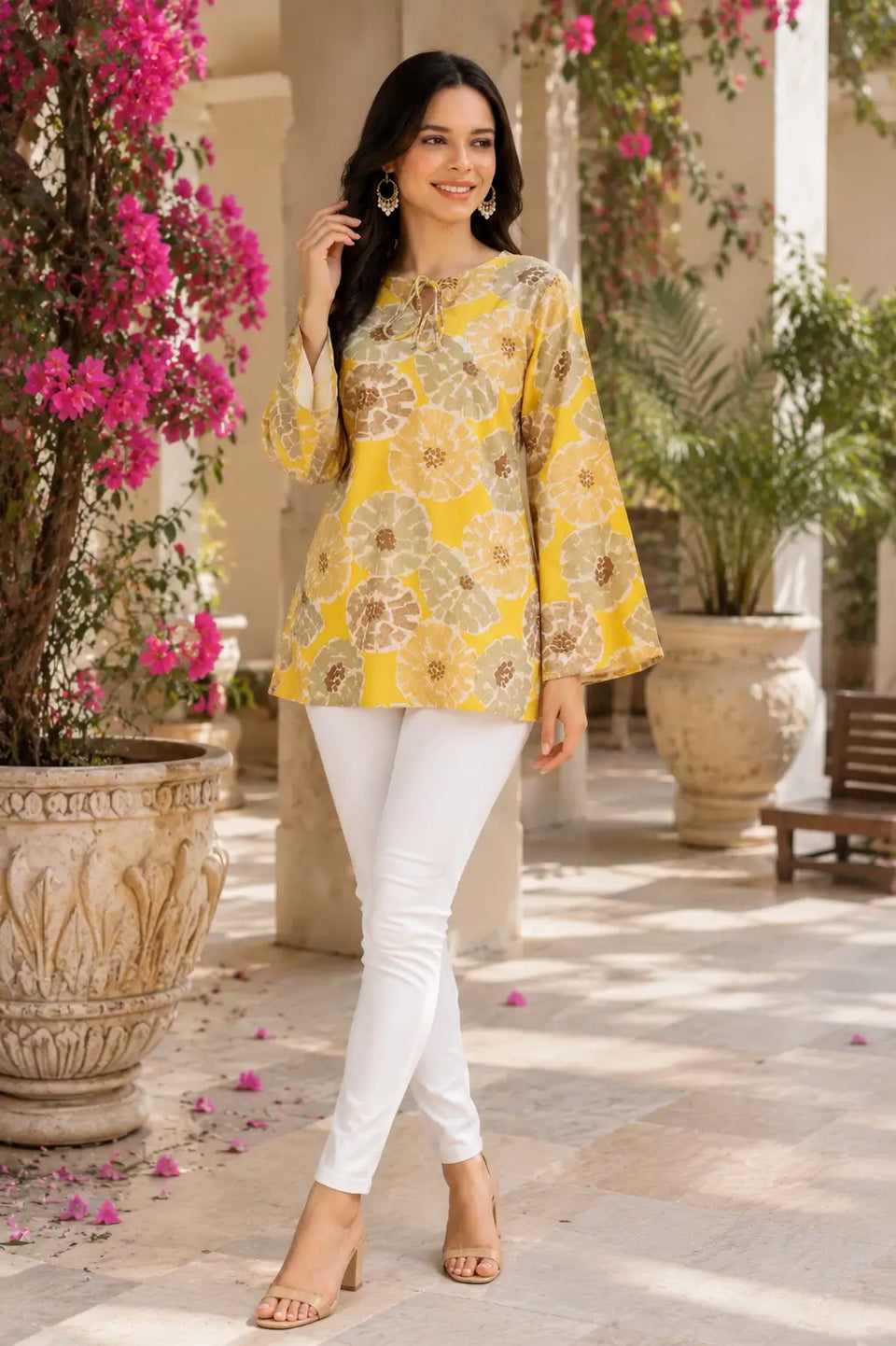 RABRIC yellow floral casual summer top styled with white pants