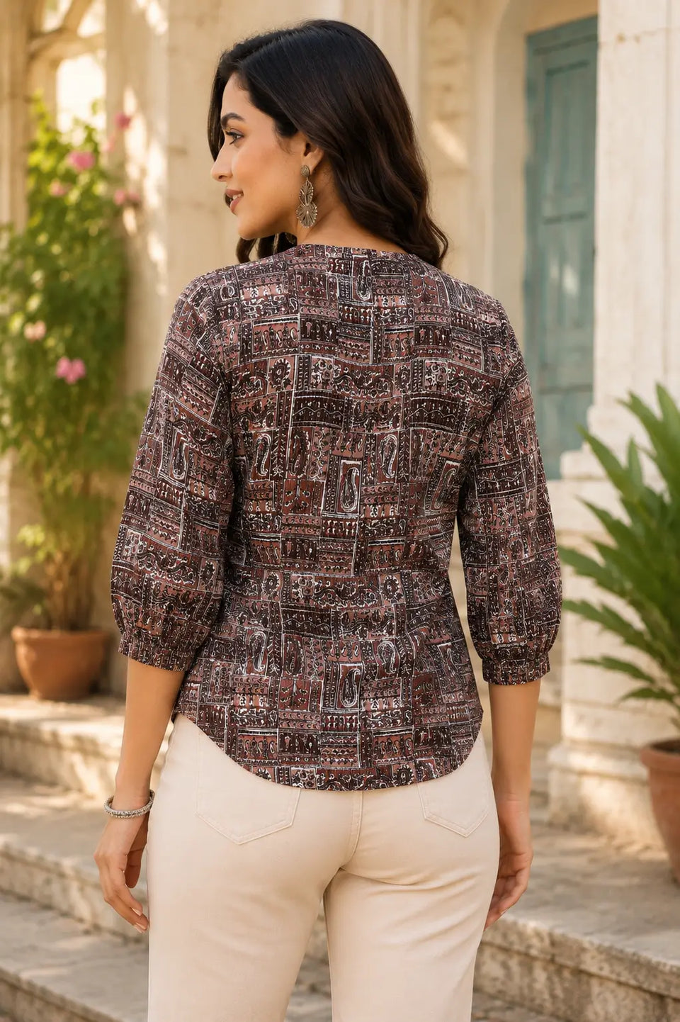 Back view of Rabric yellow cotton printed short top for women with elegant shirt style flare fit