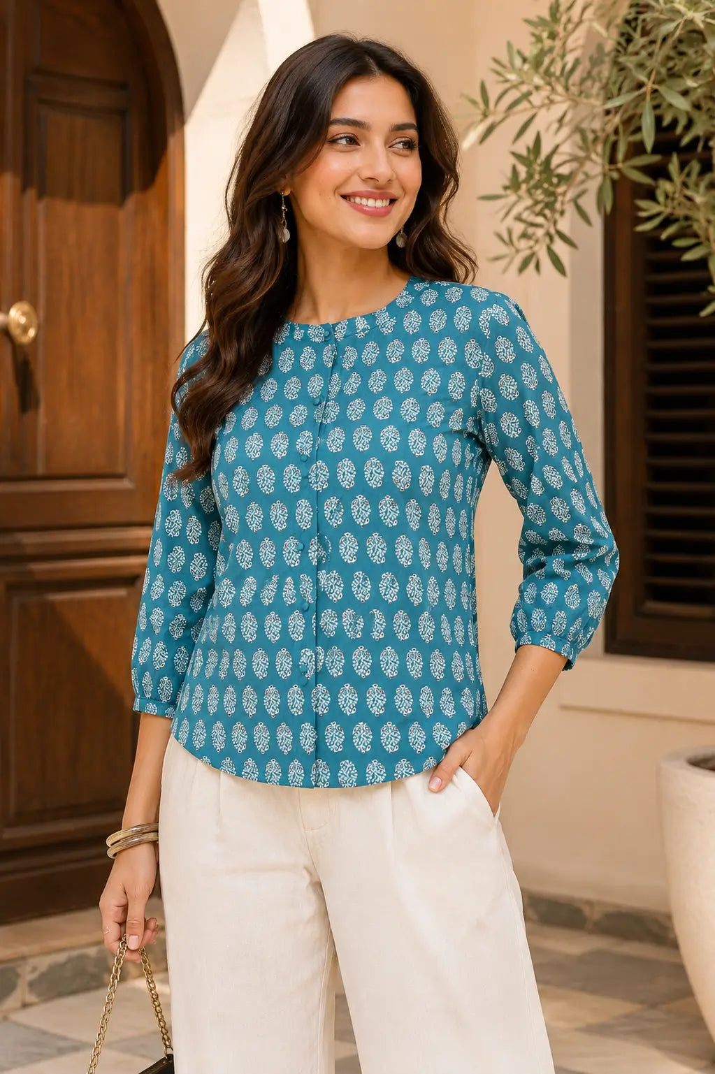 Rabric yellow cotton casual short top paired with stylish wide leg pants for trendy women fashion