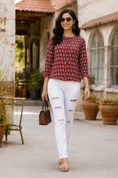 Left sleeve design of Rabric yellow cotton casual short top for women with elastic sleeves