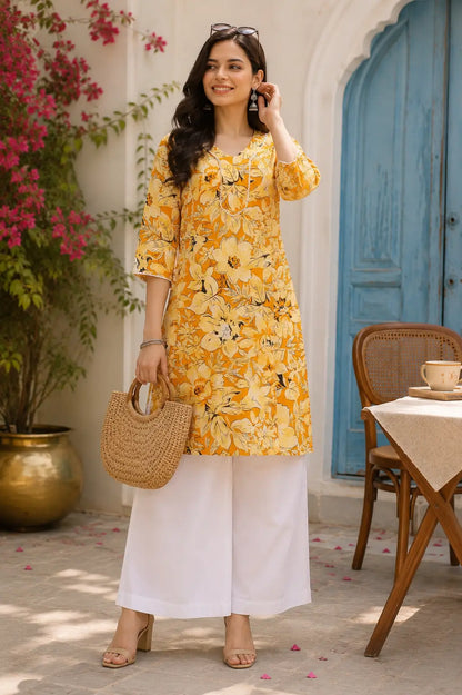 Rabric yellow floral cotton kurti casual lifestyle look for women with trendy ethnic styling and comfortable palazzo pants