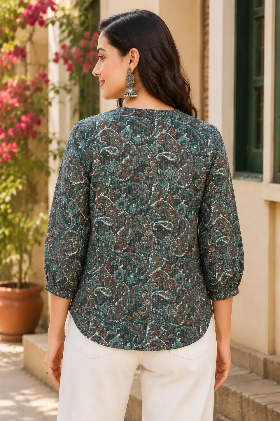 Back view of Rabric yellow cotton paisley print women short top with relaxed shirt style fit