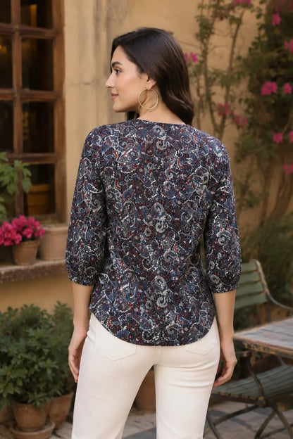 Back view of Rabric yellow cotton printed short top for women with relaxed fit and 3/4 elastic sleeves