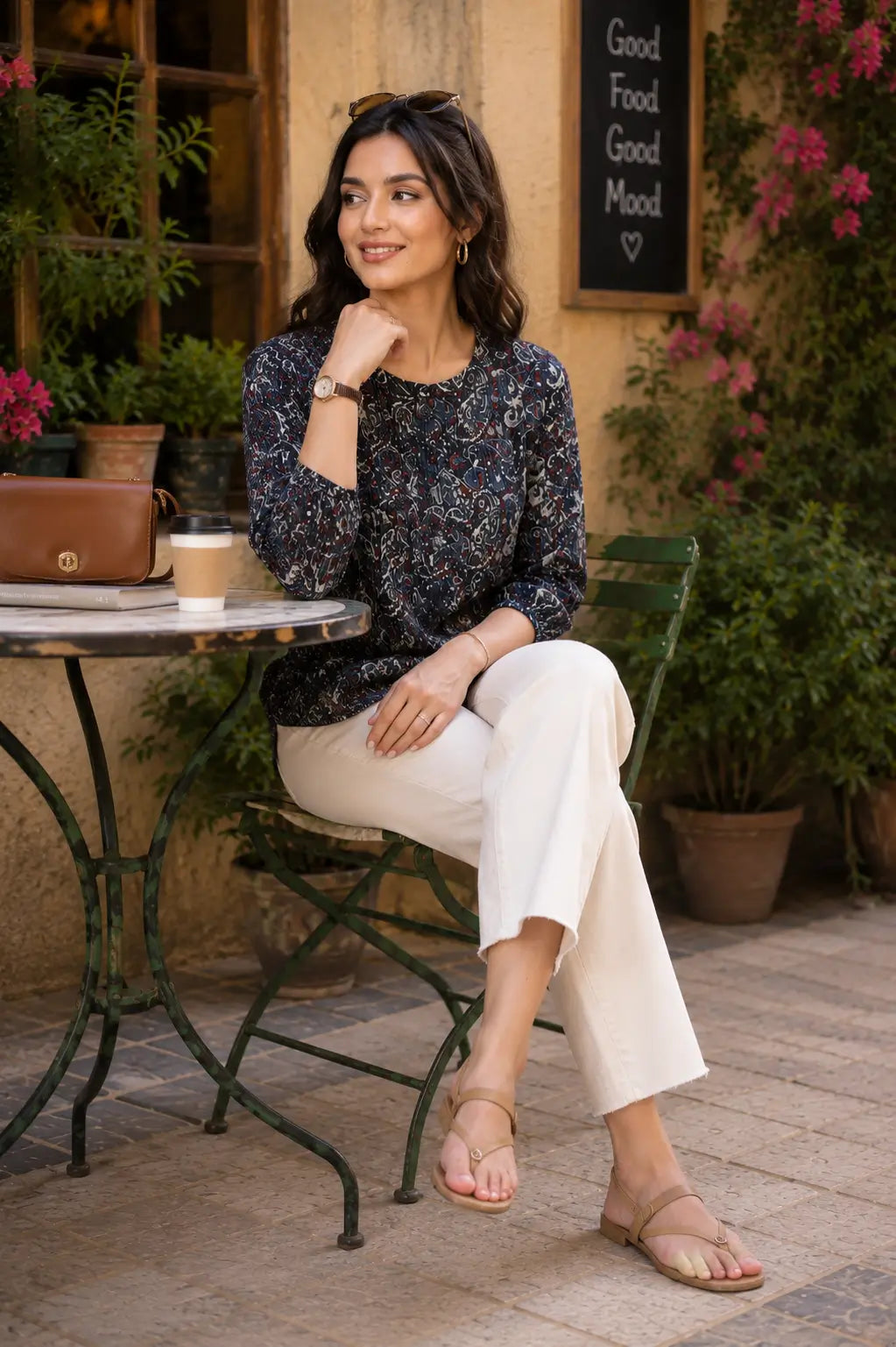 Lifestyle image of woman wearing Rabric yellow cotton paisley print short top in casual sitting pose