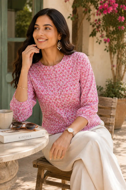 Rabric yellow cotton short top for women in casual sitting pose with stylish accessories and summer fashion styling
