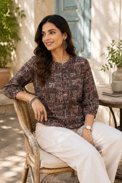 Rabric yellow cotton women short top in stylish sitting pose with elegant casual accessories