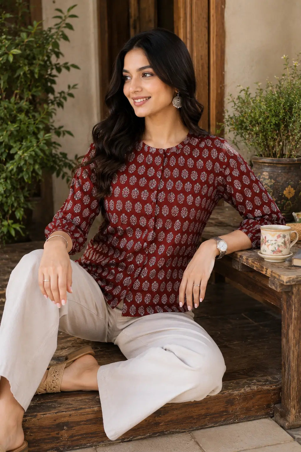 Rabric yellow cotton printed short top for women in casual sitting pose with trendy accessories
