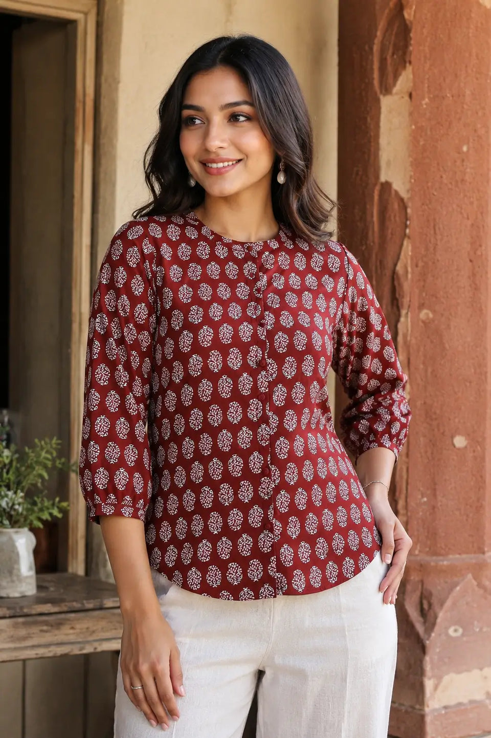 Woman wearing Rabric yellow cotton printed short top with stylish casual fashion lifestyle look