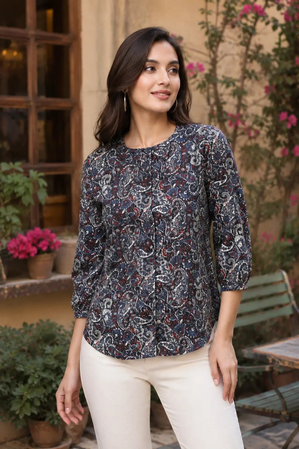 Close up neck design of Rabric yellow cotton women short top with front button detailing