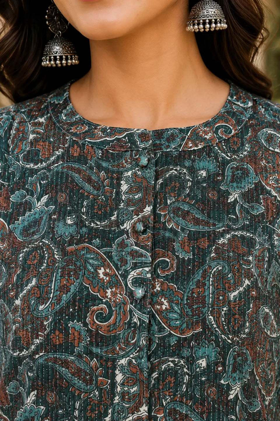 Close up neck design detail of Rabric yellow cotton paisley printed women top