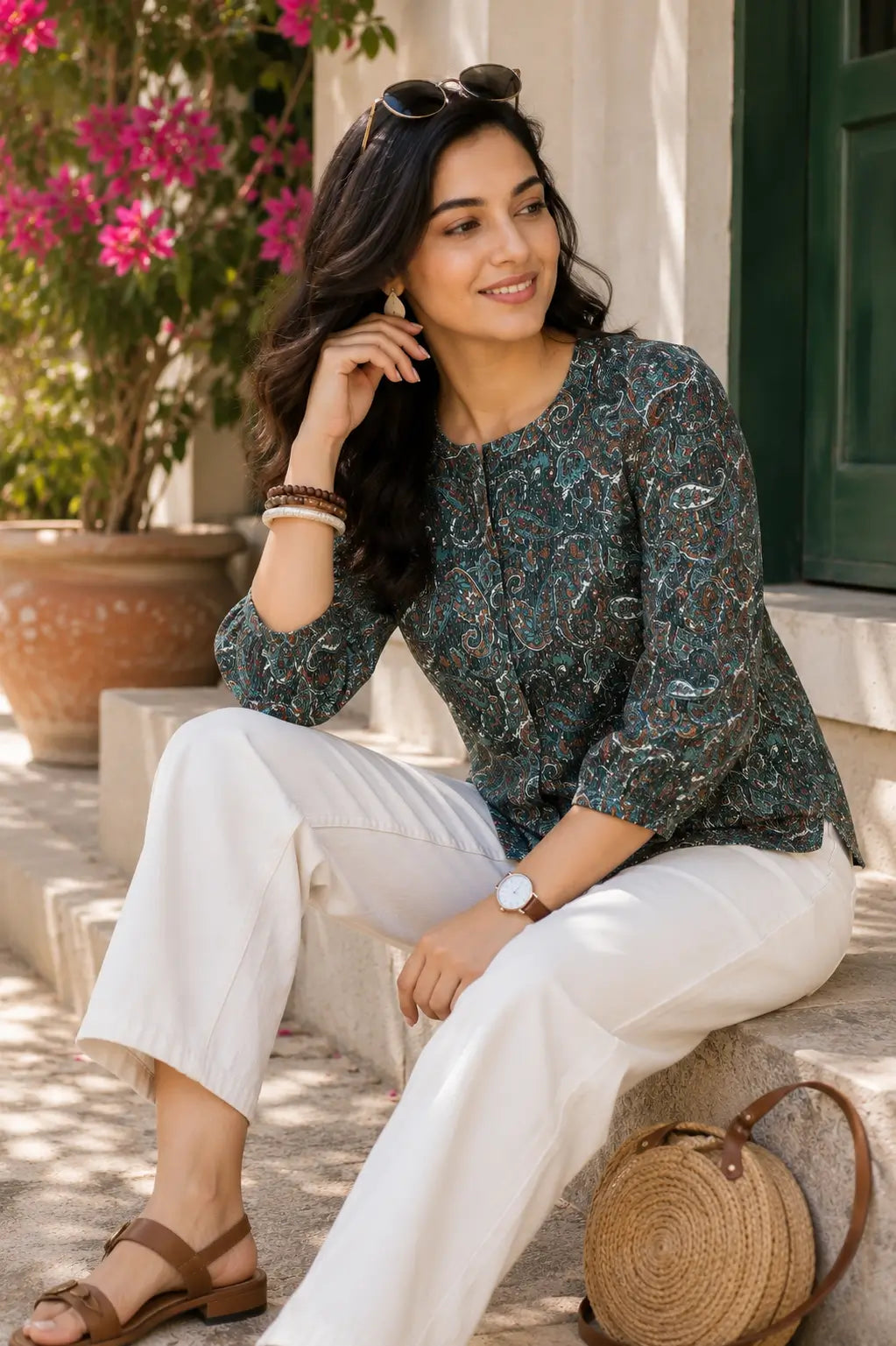 Casual sitting lifestyle image of woman wearing Rabric yellow cotton printed short top