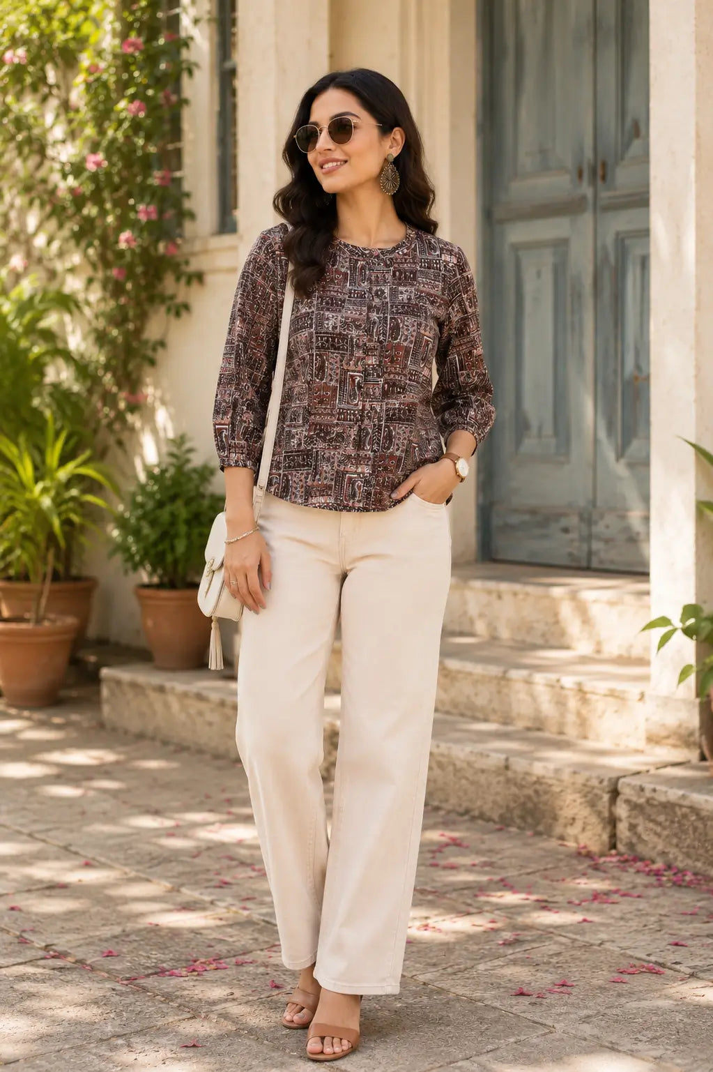Woman wearing Rabric yellow cotton printed short top with stylish wide leg pants in casual lifestyle look