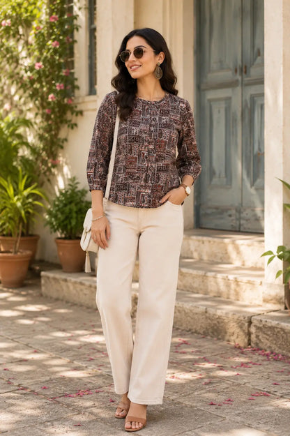 Woman wearing Rabric yellow cotton printed short top with stylish wide leg pants in casual lifestyle look