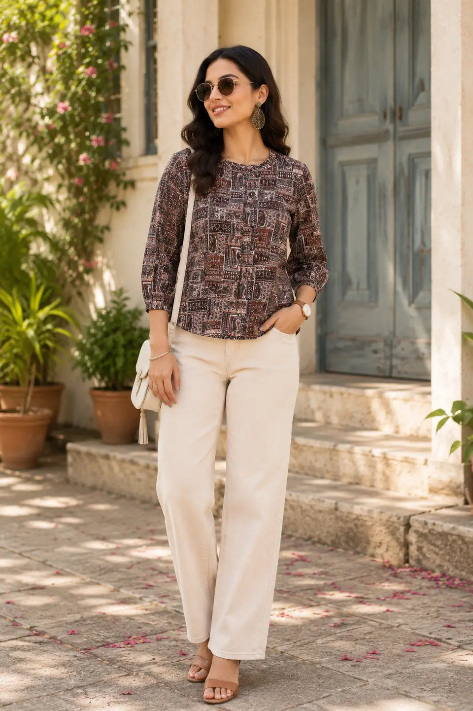 Woman wearing Rabric yellow cotton printed short top with stylish wide leg pants in casual lifestyle look