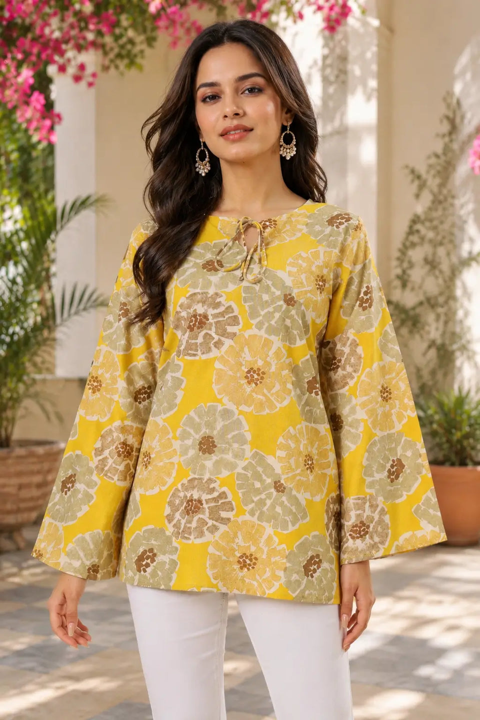 RABRIC yellow floral printed women top with bell sleeves and tie neck front view
