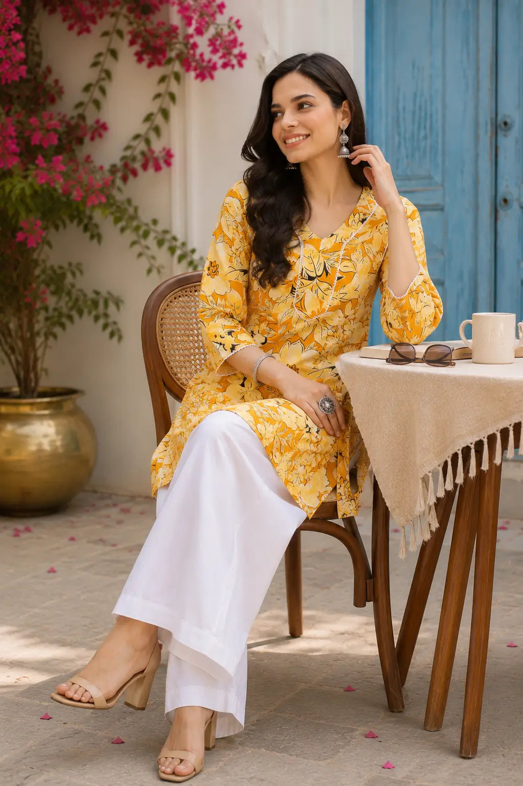Women wearing Rabric yellow floral cotton kurti in stylish sitting pose with casual accessories and white palazzo pants