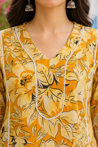 Closeup of stylish neck design on Rabric yellow floral cotton women kurti with elegant detailing and printed ethnic pattern