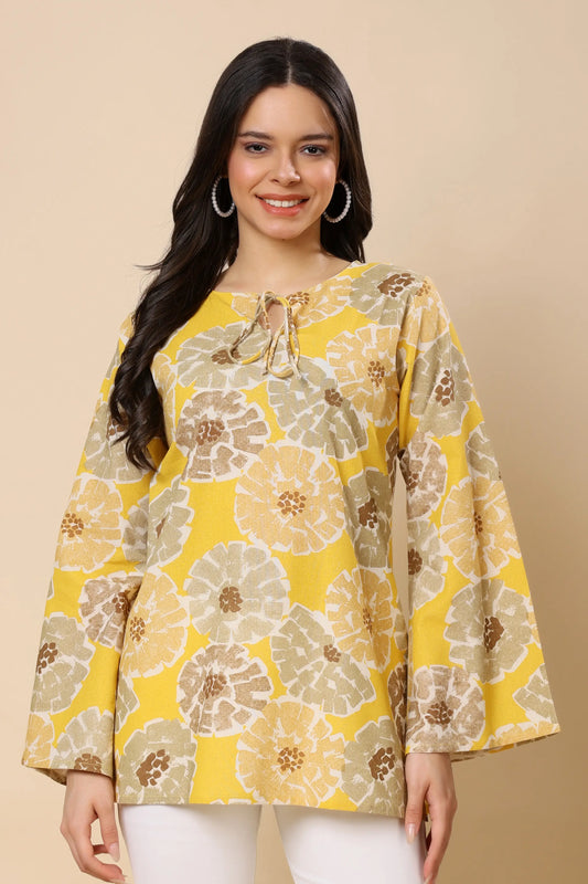 Women yellow floral cotton short top front view stylish office wear