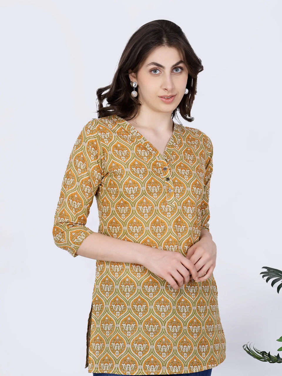 Side view of elegant mustard cotton kurti for daily wear