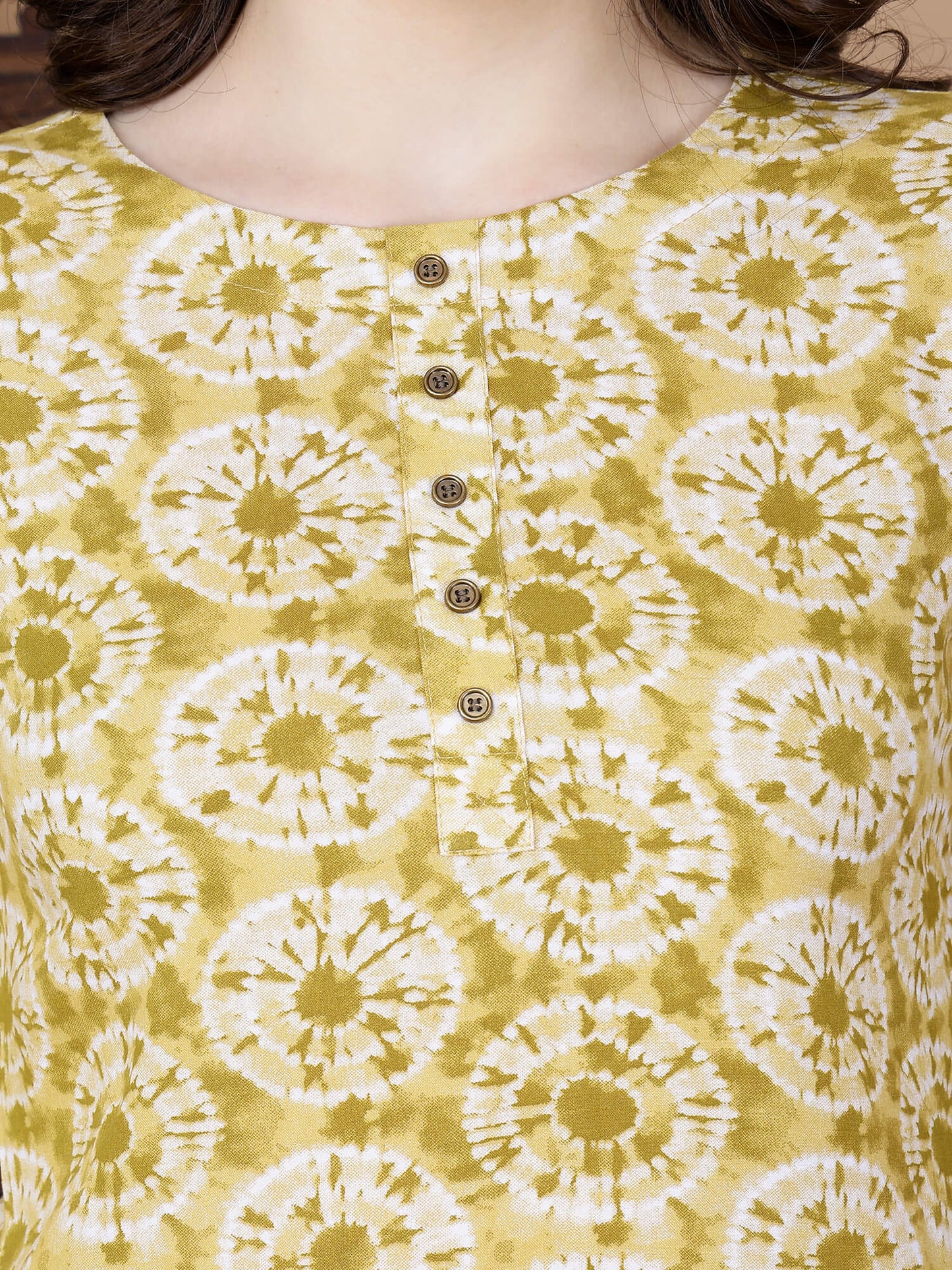 Close-up of Round Neck Kurti with Brass Wooden Buttons