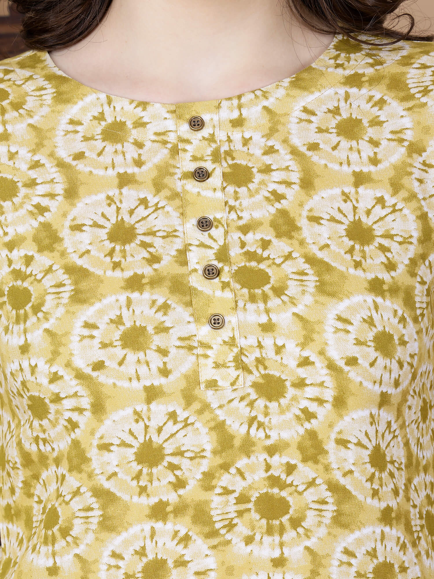 Close-up of Round Neck Kurti with Brass Wooden Buttons
