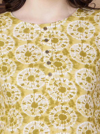 Close-up of Round Neck Kurti with Brass Wooden Buttons by Rabric