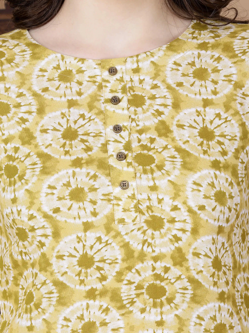 Close-up of Round Neck Kurti with Brass Wooden Buttons by Rabric