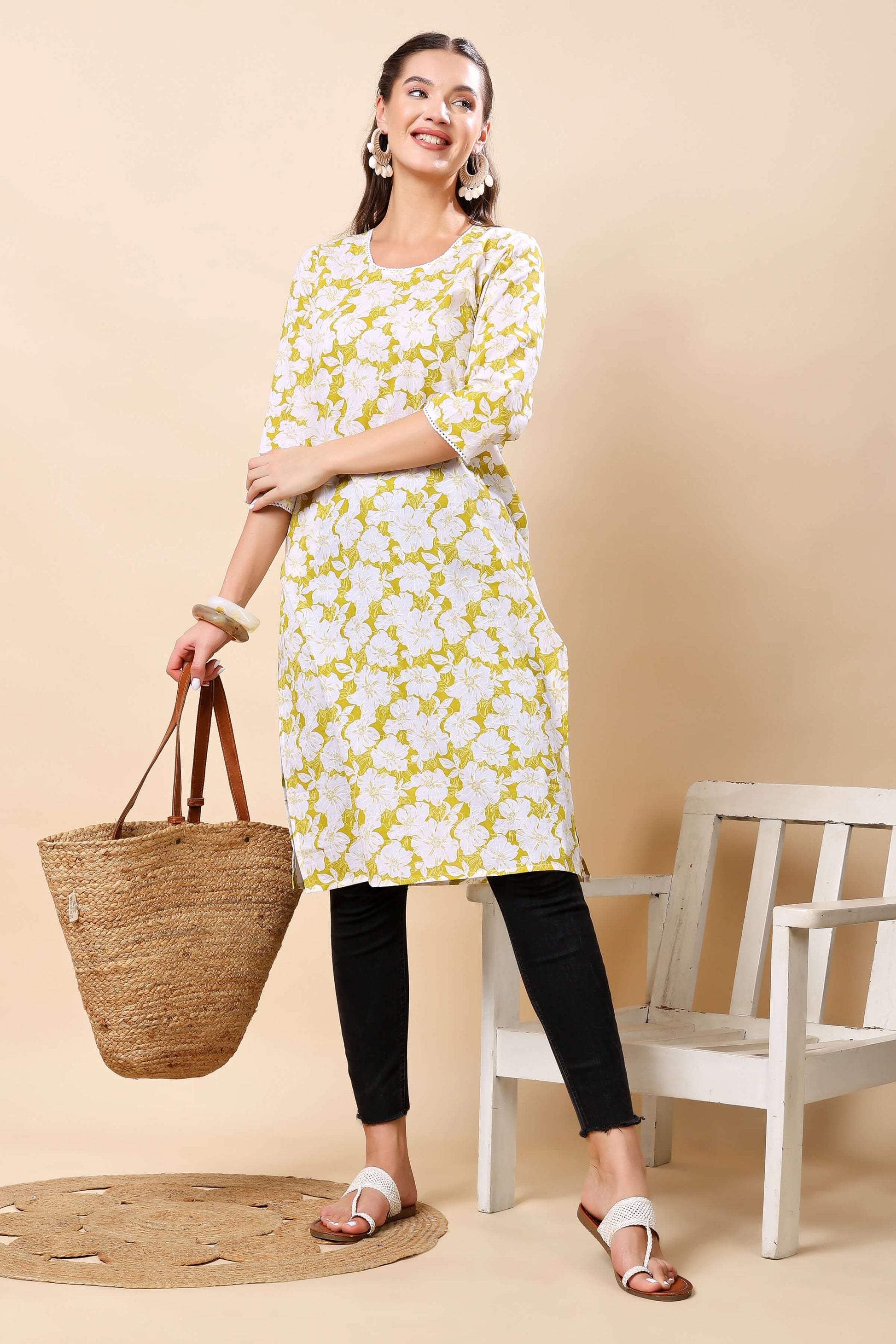 Rabric Women’s Cotton Floral Print Long Kurta – White and Yellow Combination