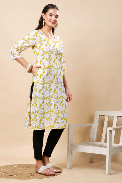 Side view of Rabric Yellow and White Floral Cotton Kurti with Lace Detailing
