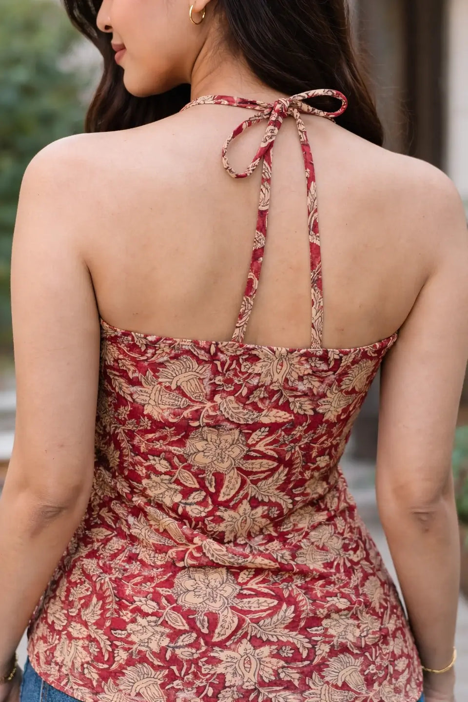 Backless short kurti with halter tie-up design back view