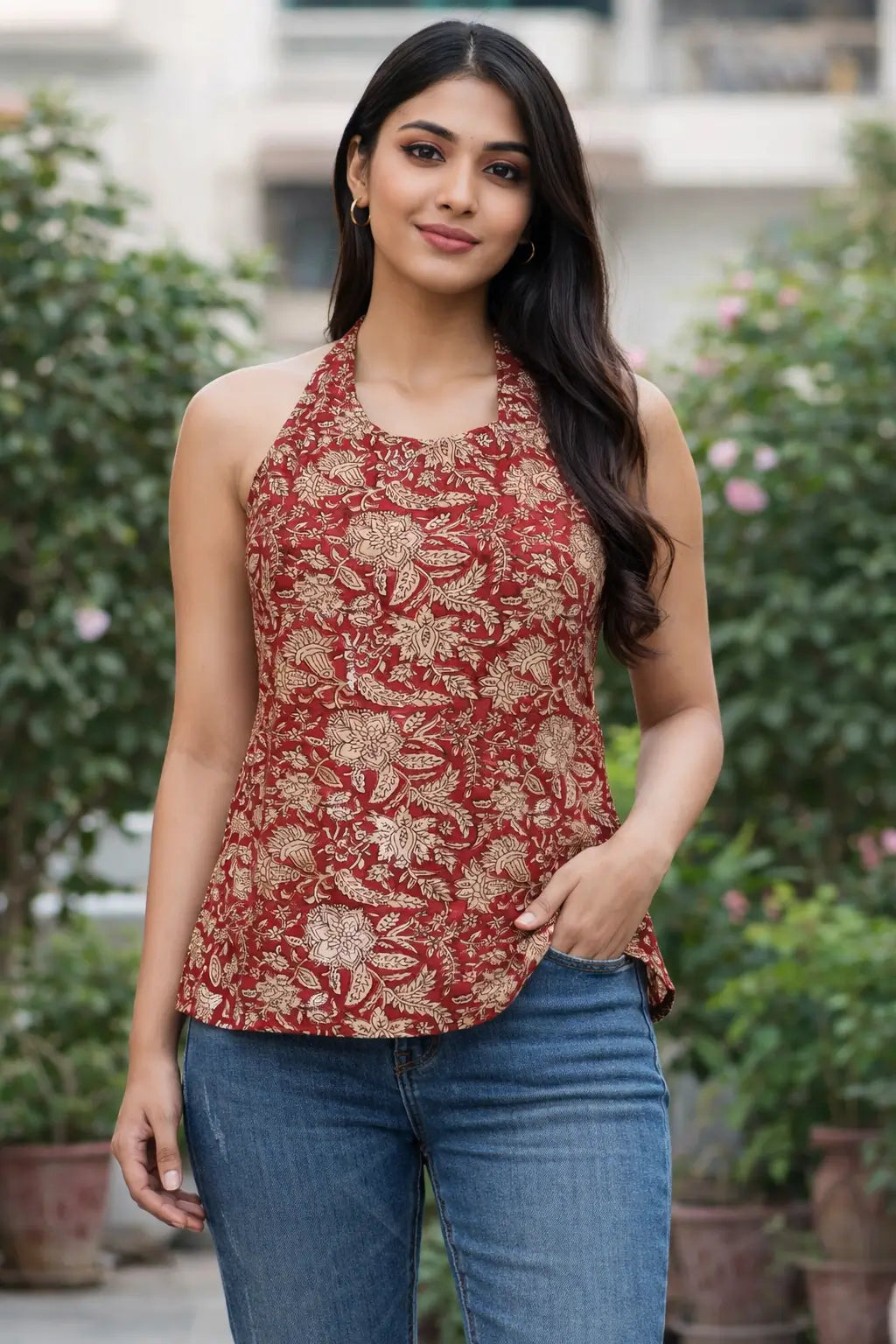 Red cotton halter neck stylish short kurti front view for women