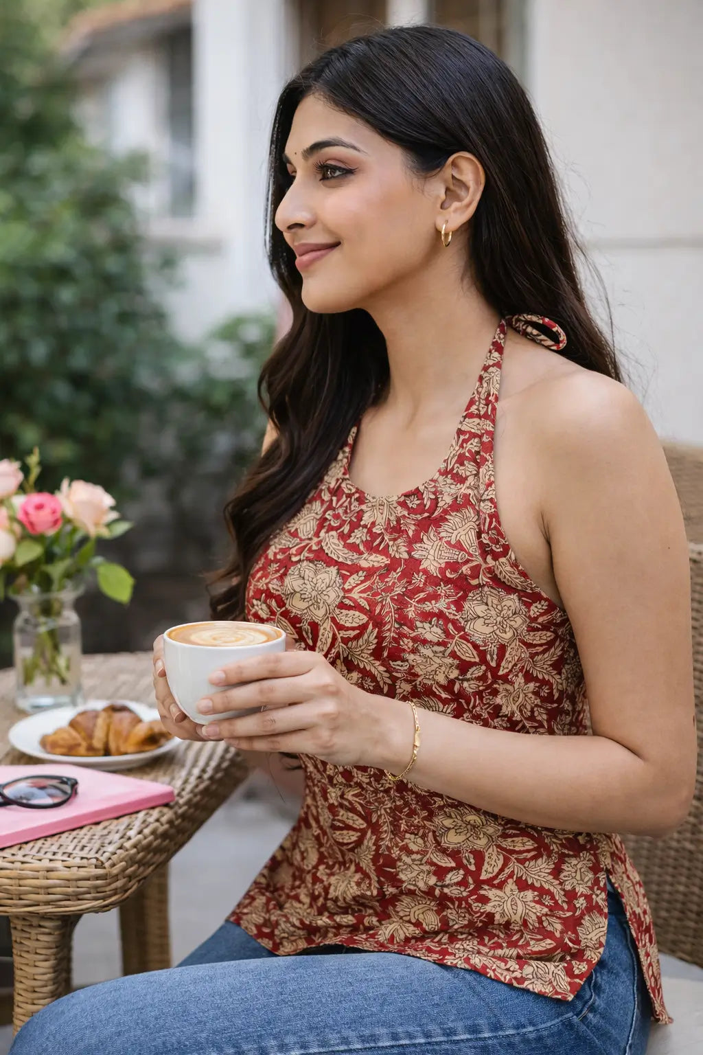 Fitted red cotton short kurti with side zipper left side