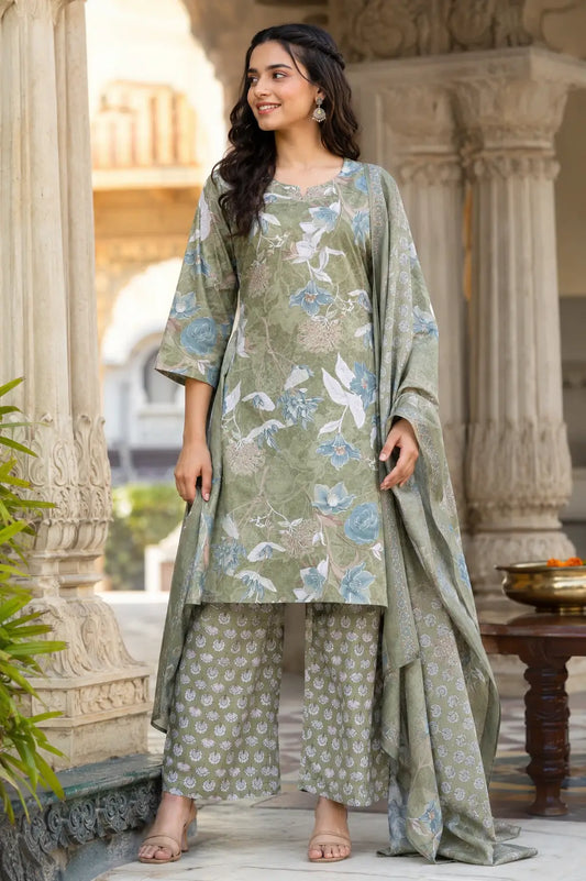 Rabric sage green cambric cotton floral kurta pant set with dupatta front view for women featuring 3/4 sleeves and straight long kurta