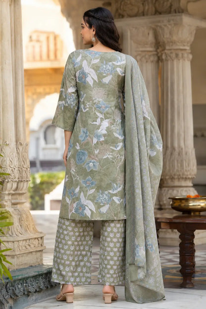 Back side view of Rabric sage green cambric cotton floral kurta pant set with matching dupatta for women