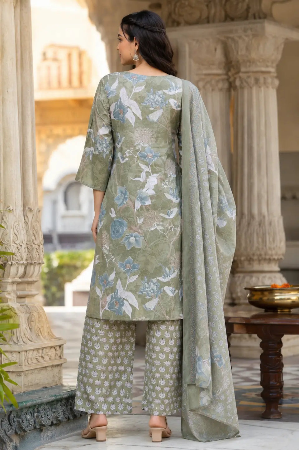 Back side view of Rabric sage green cambric cotton floral kurta pant set with matching dupatta for women