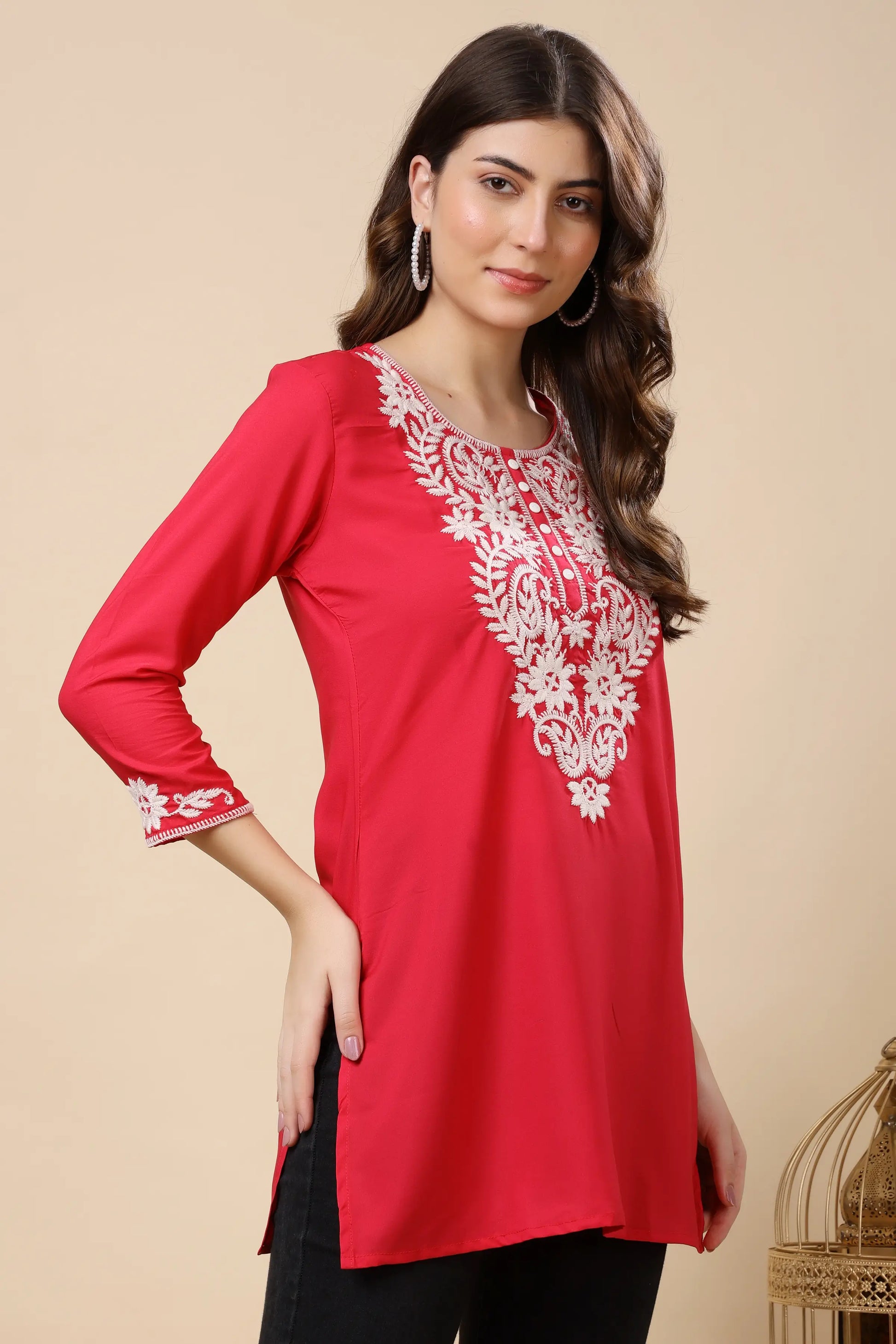 Side view of short kurti for daily and office wear in Neon Red Crepe fabric